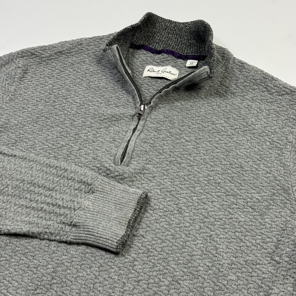 Robert Graham Sweater Mens Medium Gray‎ 1/4 Zip Mock Neck Cotton Knit Pullover